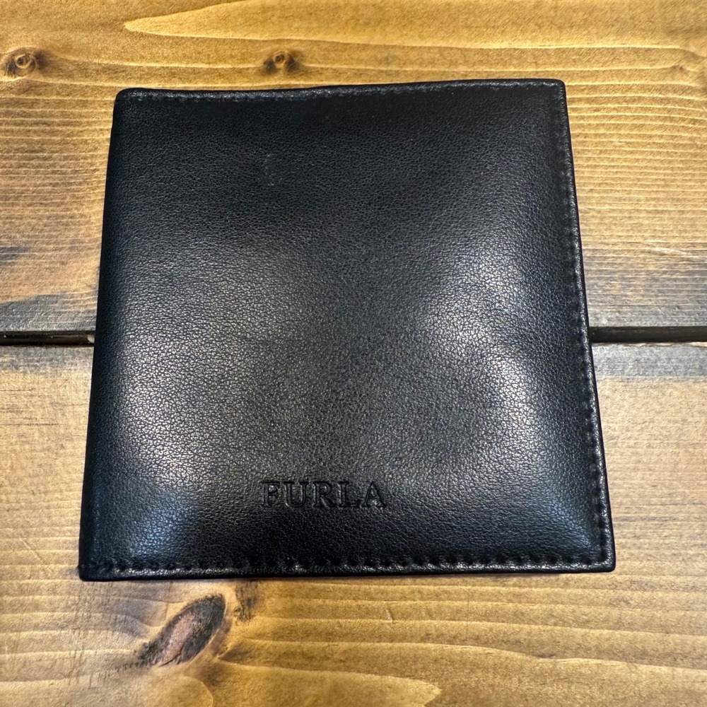 Furla Black Leather Bifold Wallet Coin Pocket Men's Women's Italy Authentic